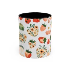 Floral Strawberry Accent Coffee Mug (11, 15oz) - Unique Gift for Nature Lovers, Botanical Mug, Gift for Gardeners, Pressed Flower Design,