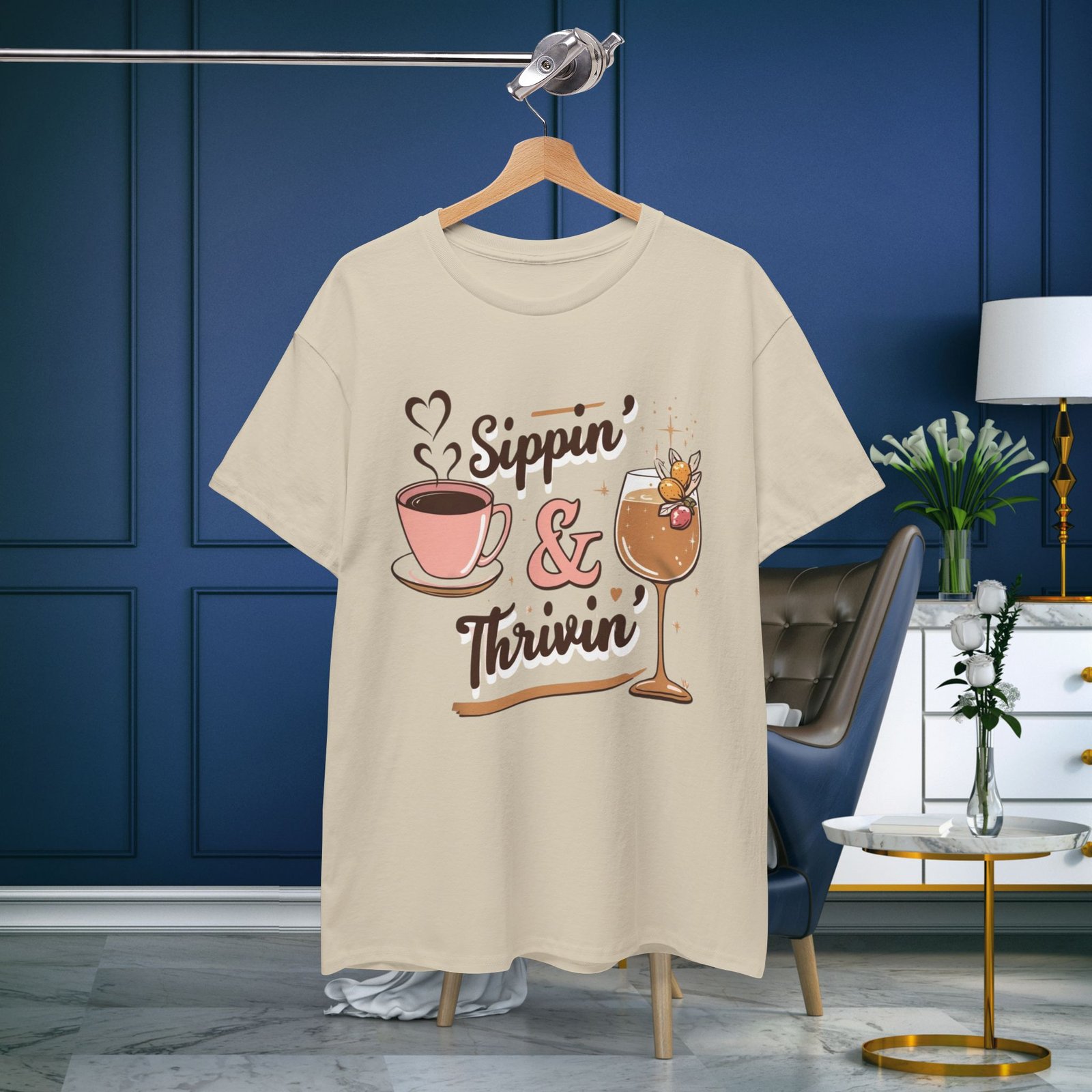 Sippin & Thrivin Tee, Unisex Shirt, Cotton Graphic Tee, Gift for Coffee and Success Lovers, Positive Vibes T-Shirt, Motivational Tee